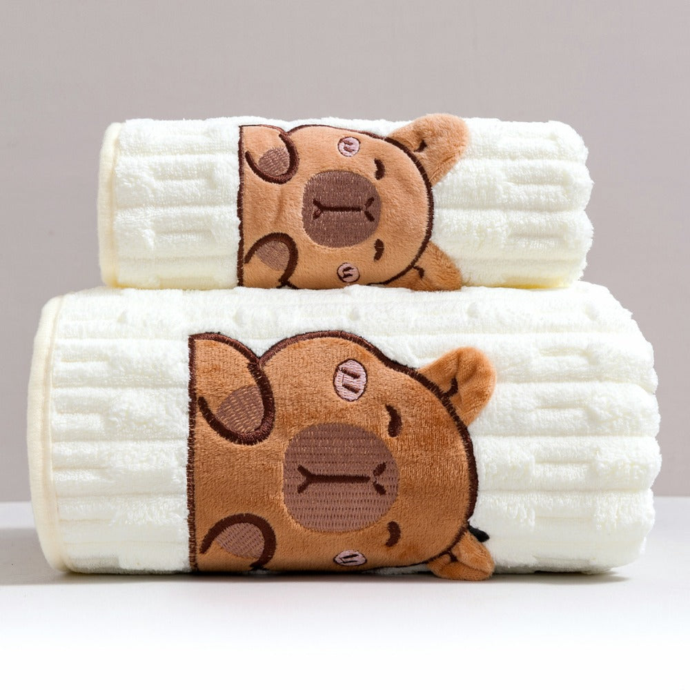 Towel Set 2 Piece Capybara Coral Fleece Face Towel and Bath Sheet in Four Printed Styles for Home and Guest Use