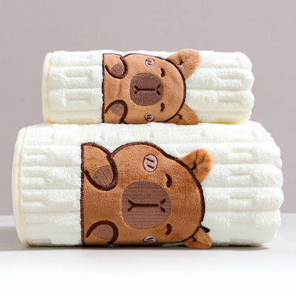 Towel Set 2 Piece Capybara Coral Fleece Face Towel and Bath Sheet in Four Printed Styles for Home and Guest Use