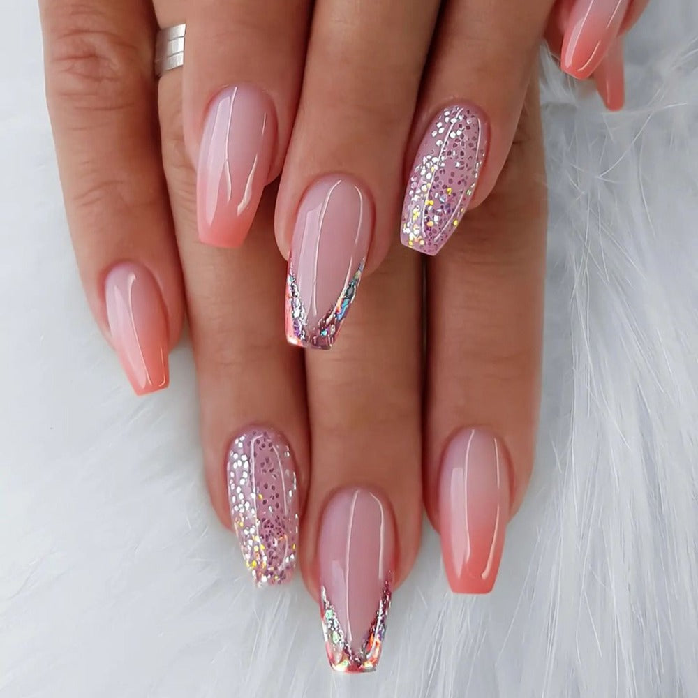 Press On Nails 120-Piece Medium Coffin Five-Pack Pinkish Purple Glitter Sequin Glossy Full-Cover Set