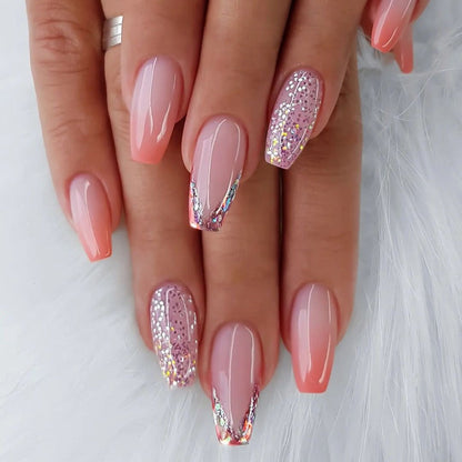 Press On Nails 120-Piece Medium Coffin Five-Pack Pinkish Purple Glitter Sequin Glossy Full-Cover Set
