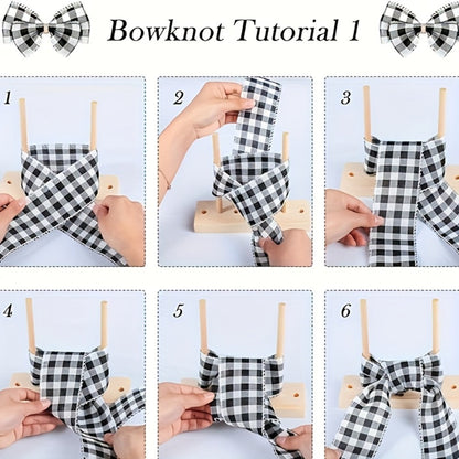 9-Piece Wooden Wreath & Bow Maker Crafting Tool Set, DIY Floral Wreath Molds with Wooden Sticks Rope Checkered Fabric