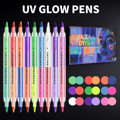 Face Body Paint Pens 18 Colors with Reusable Stencils, Washable Neon Glow in the Dark Skin-Safe Makeup Pens