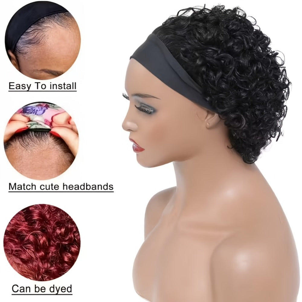 Kinky Curly Headband Wig Human Hair Brazilian 150% Density Glueless 6 Inch | No Glue No Gel Black Burgundy Rust | Beginner Friendly Daily