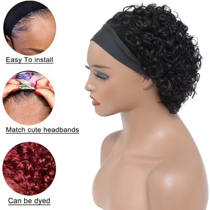 Kinky Curly Headband Wig Human Hair Brazilian 150% Density Glueless 6 Inch | No Glue No Gel Black Burgundy Rust | Beginner Friendly Daily