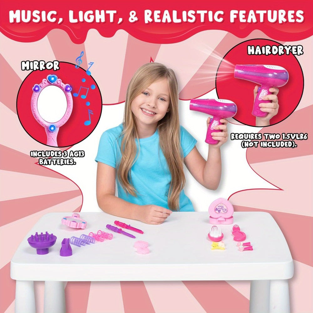 Girls Beauty Salon Toy Set 17 PCS, Pretend Play Hair Stylist Kit with Working Hairdryer Mirror Curling Wands Combs Clips & Jewelry Box
