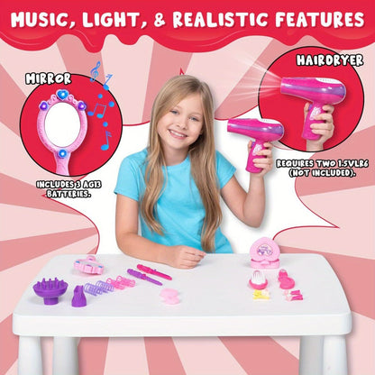 Girls Beauty Salon Toy Set 17 PCS, Pretend Play Hair Stylist Kit with Working Hairdryer Mirror Curling Wands Combs Clips & Jewelry Box