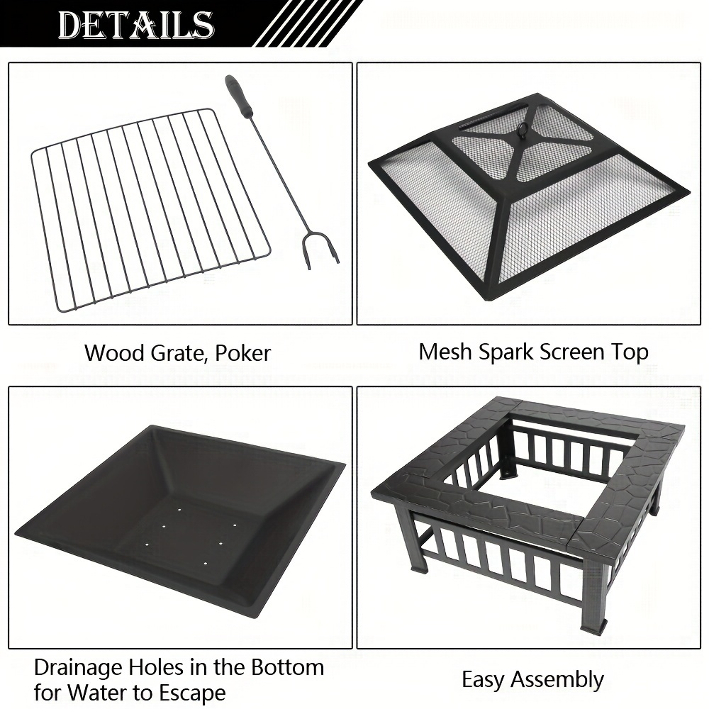 Black Square Fire Pit Table with Raised Mesh Cover, Perforated Side Panels and Wood-Burning Bowl