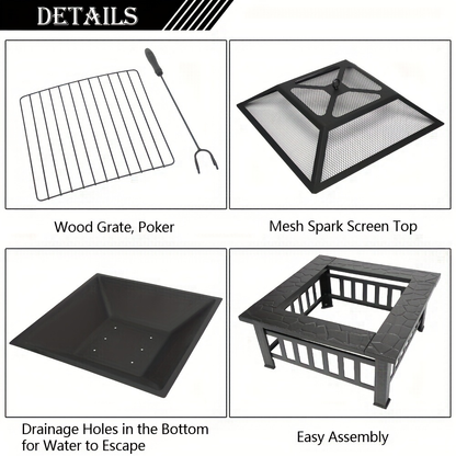 Black Square Fire Pit Table with Raised Mesh Cover, Perforated Side Panels and Wood-Burning Bowl