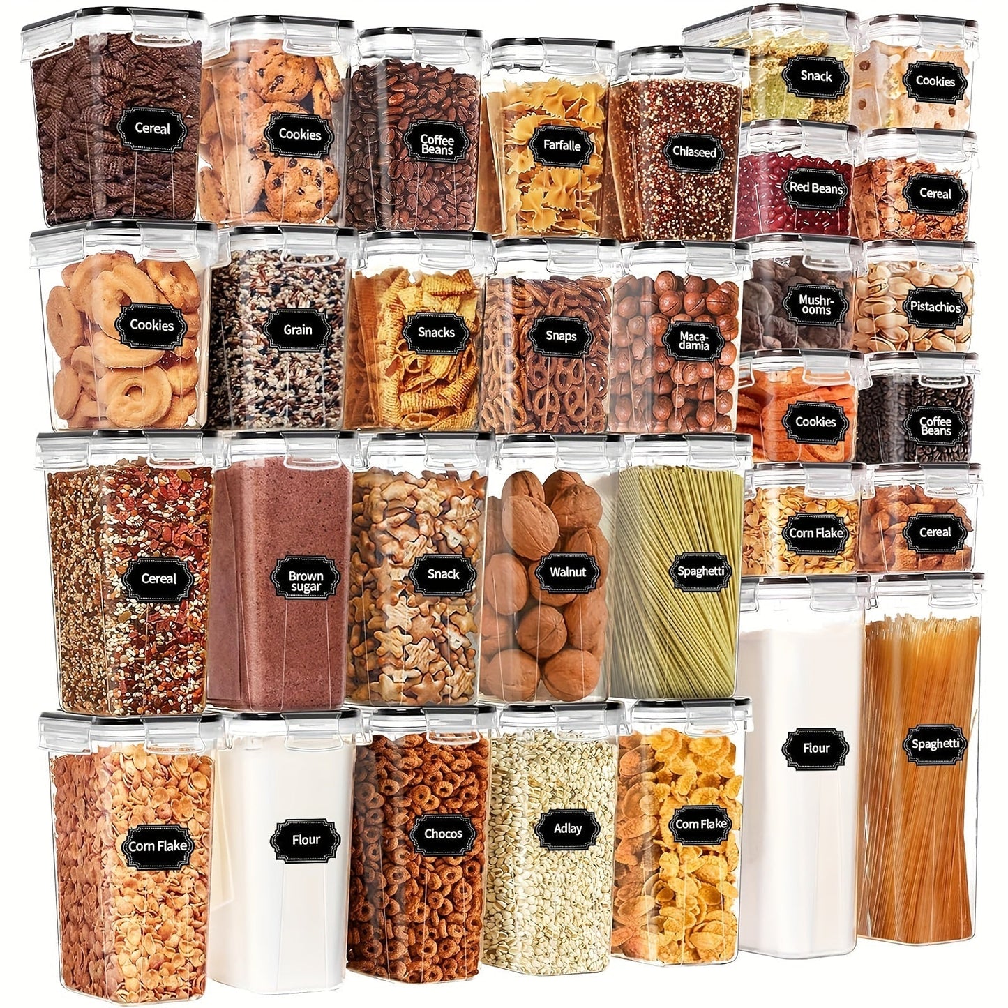 Pantry Canister Food Storage Organizer 64-Piece Plastic Set with Labels and Marker for Kitchen and Pantry Organization
