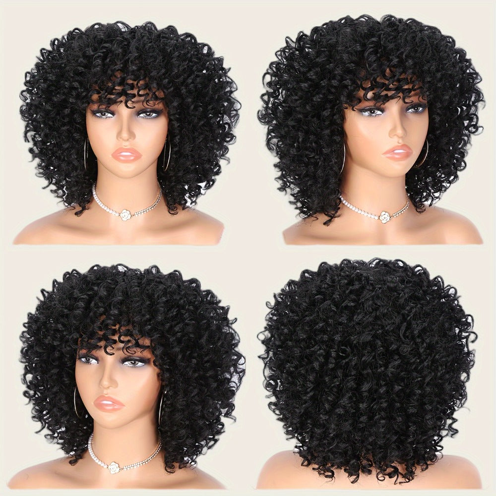 Synthetic Wig 14-Inch Kinky Curly Afro with Bangs, 180% Density and Stretch Net Cap for Daily Style
