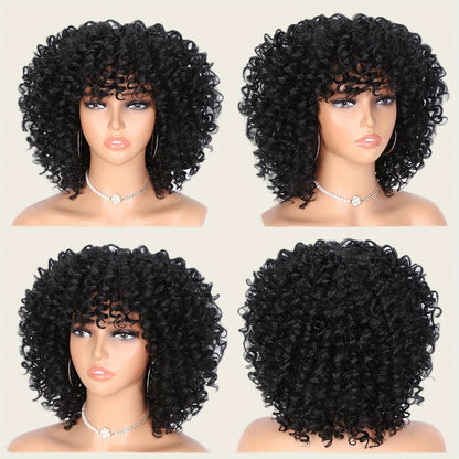 Synthetic Wig 14-Inch Kinky Curly Afro with Bangs, 180% Density and Stretch Net Cap for Daily Style
