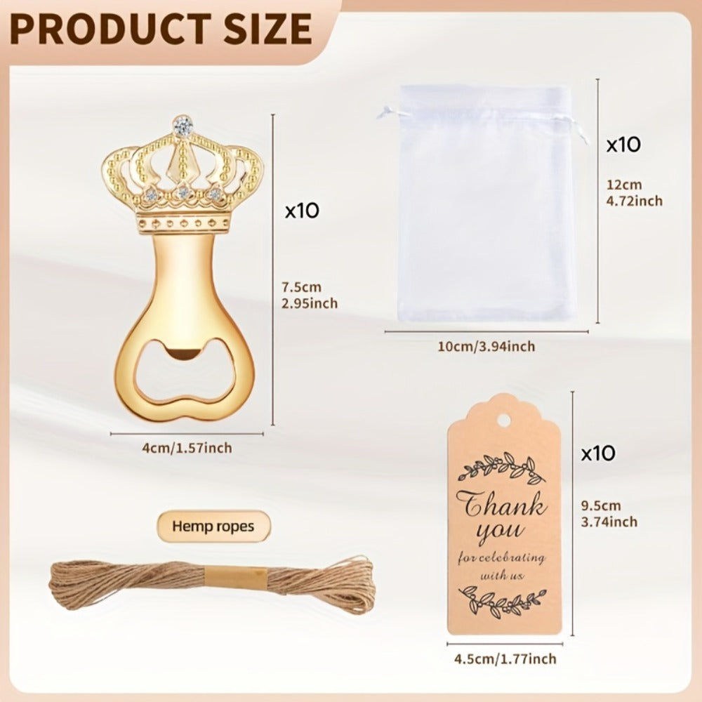 Crown Bottle Opener Wedding Favors, 10 Sets with Organza Bags, Thank You Tags and Twine for Bridal Showers and Guest Gifts