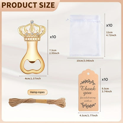 Crown Bottle Opener Wedding Favors, 10 Sets with Organza Bags, Thank You Tags and Twine for Bridal Showers and Guest Gifts