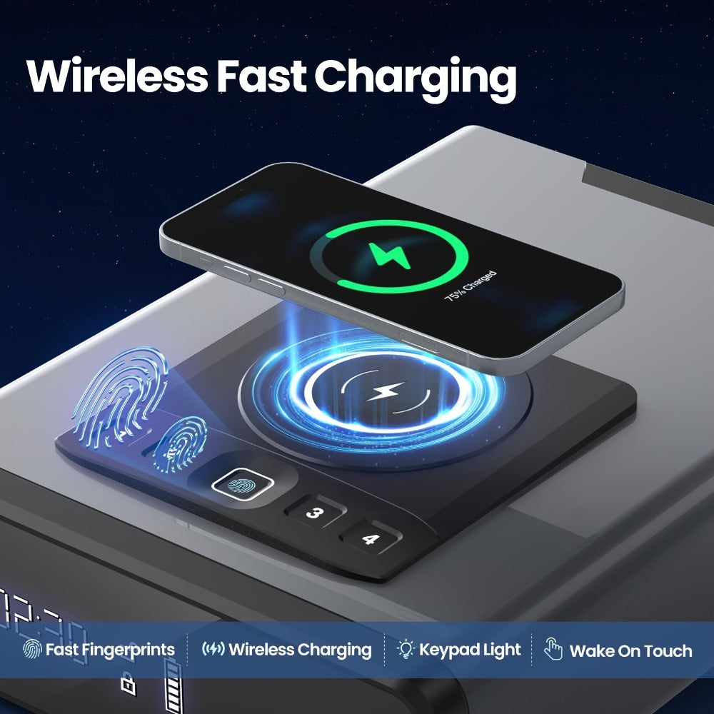 Biometric Gun Safe with Fingerprint Lock LED Clock and Wireless Charging DOJ Pistol Safe for Entryways, Bedrooms and Living Spaces