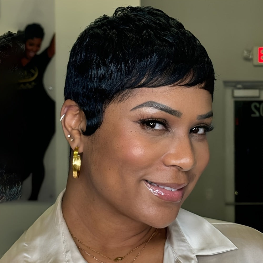 Brazilian Human Hair Pixie Cut Wig 150% Density Short Straight Machine Made Rose Net Cap Glueless Natural Black 4 Inch | Beginner Friendly