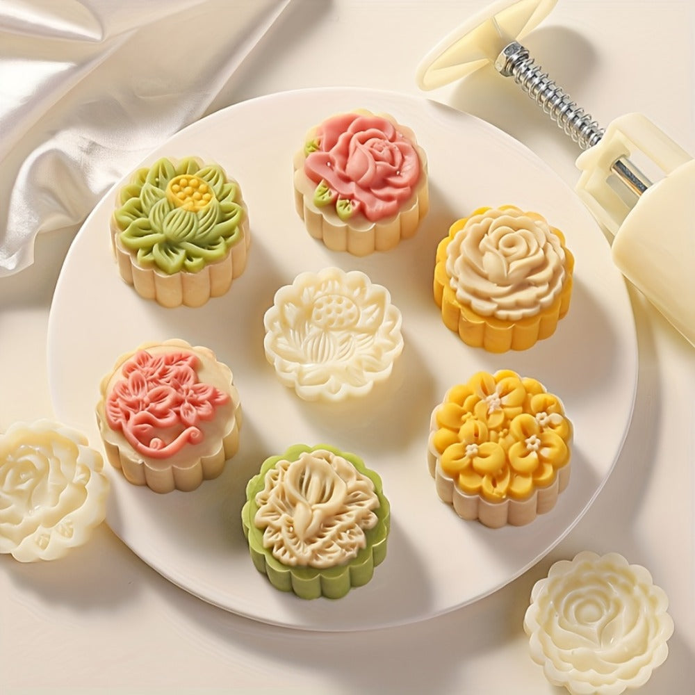 Mooncake Mold 7pcs Set, 50g Hand Press Moon Cake Maker with 6 Flower Pattern Stamps, Mid-Autumn Festival Cookie Stamp Pastry Tool