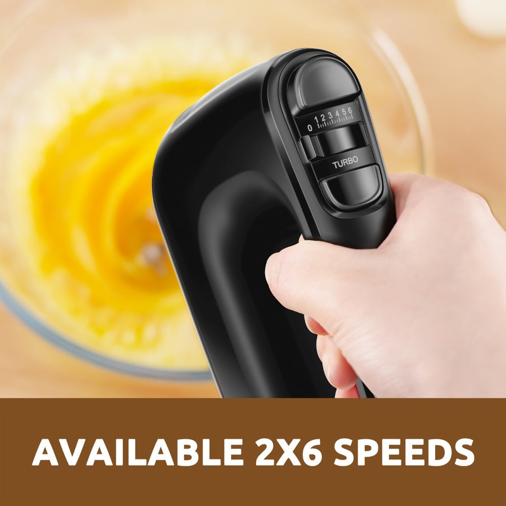 Electric Hand Mixer 250W 6-Speed Turbo – Heavy Duty Motor with 5 Stainless Steel Attachments, Snap-On Storage Case, for Whipping