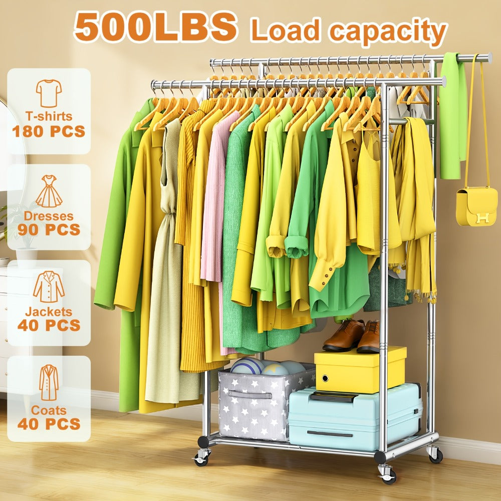 Portable Clothes Rack with Wheels, Double Rod Garment Rack with Shelves & Hooks, Metal Rolling Clothing Rack for Hanging Clothes