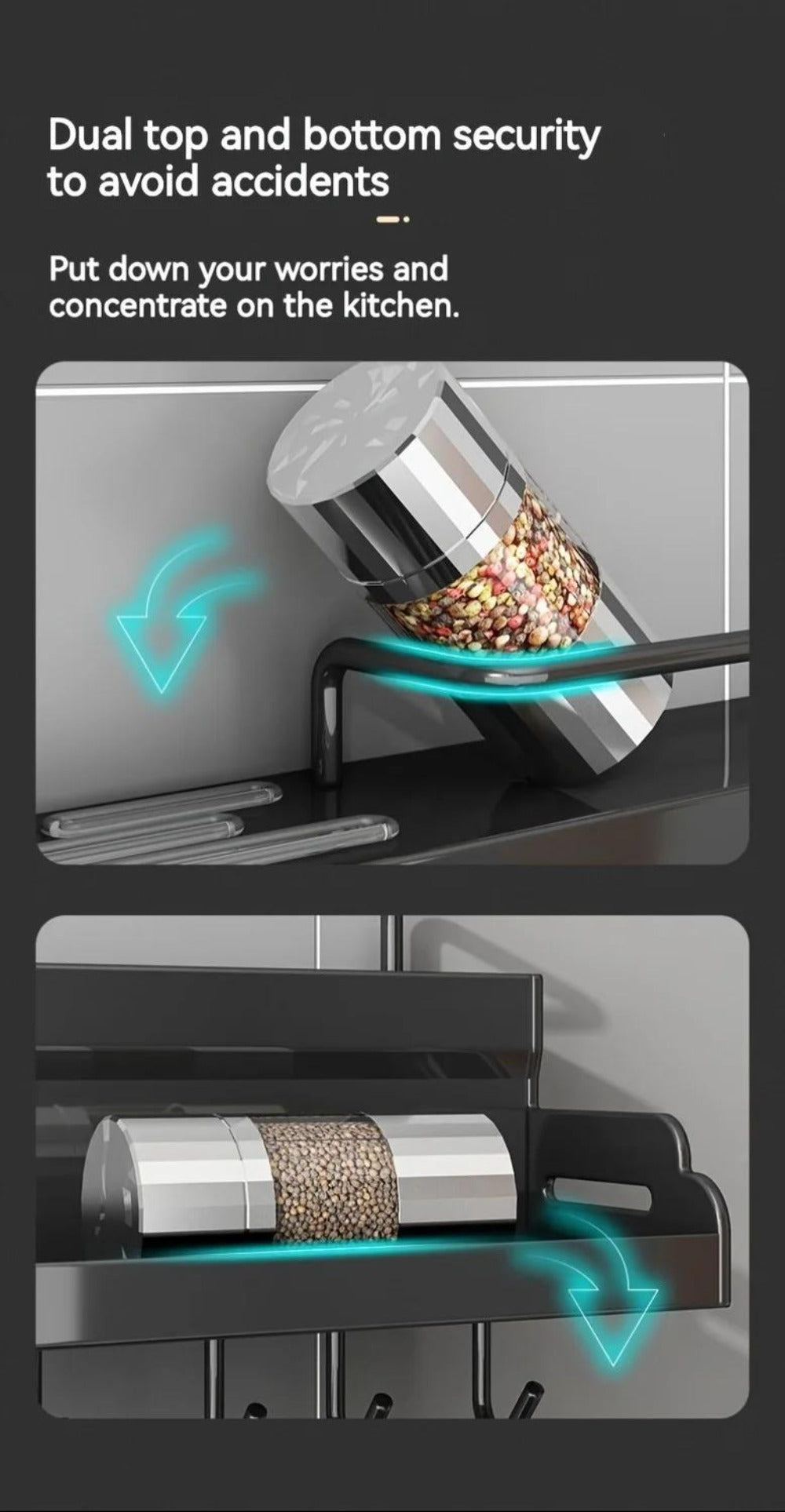 Wall-Mounted Kitchen Organizer with Two Storage Tiers, Knife Slots, Chopstick Cup and Towel Bar