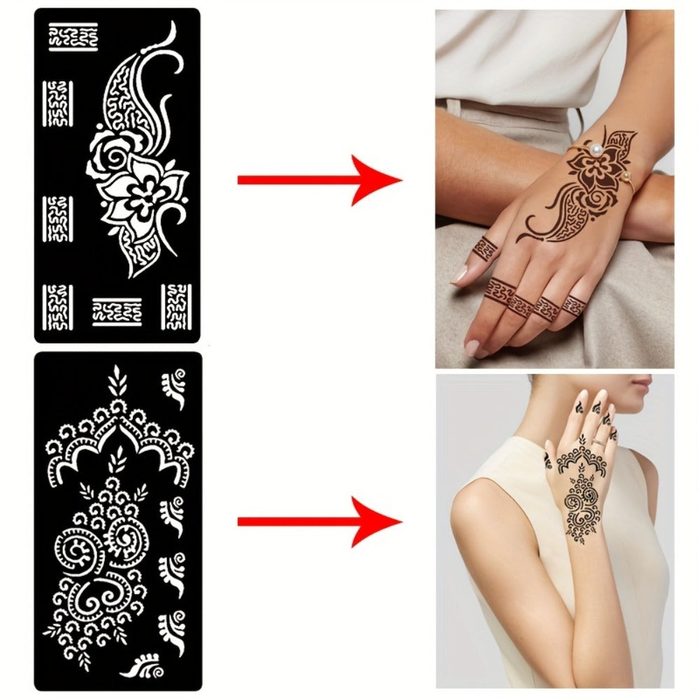 Nine-Sheet Reusable Tattoo Stencil Set with Long Floral and Henna-Style Pattern Cards in HN1 or HN2