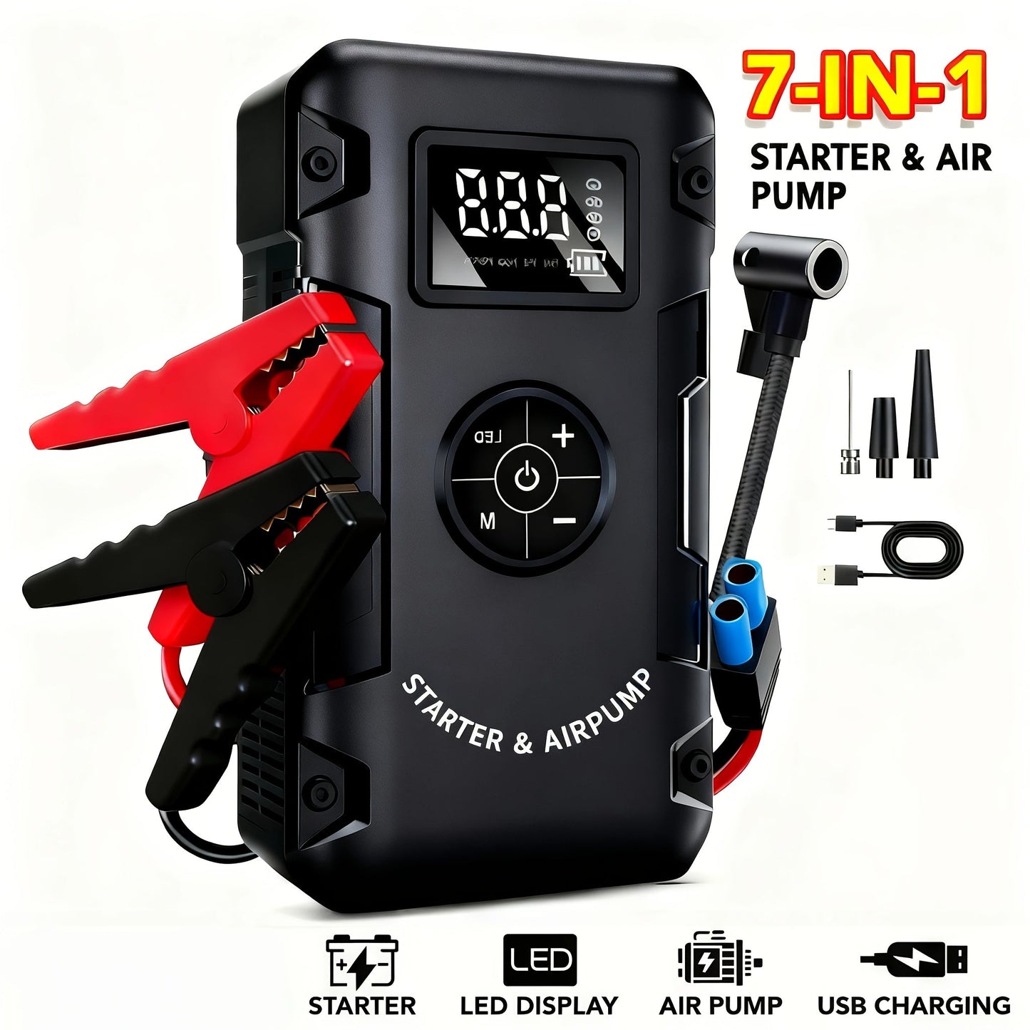 Jump Starter 10000A 7-in-1 with Air Pump – 150PSI Tire Inflator, Portable Battery Booster for Gas & Diesel, USB & USB-C Power Bank