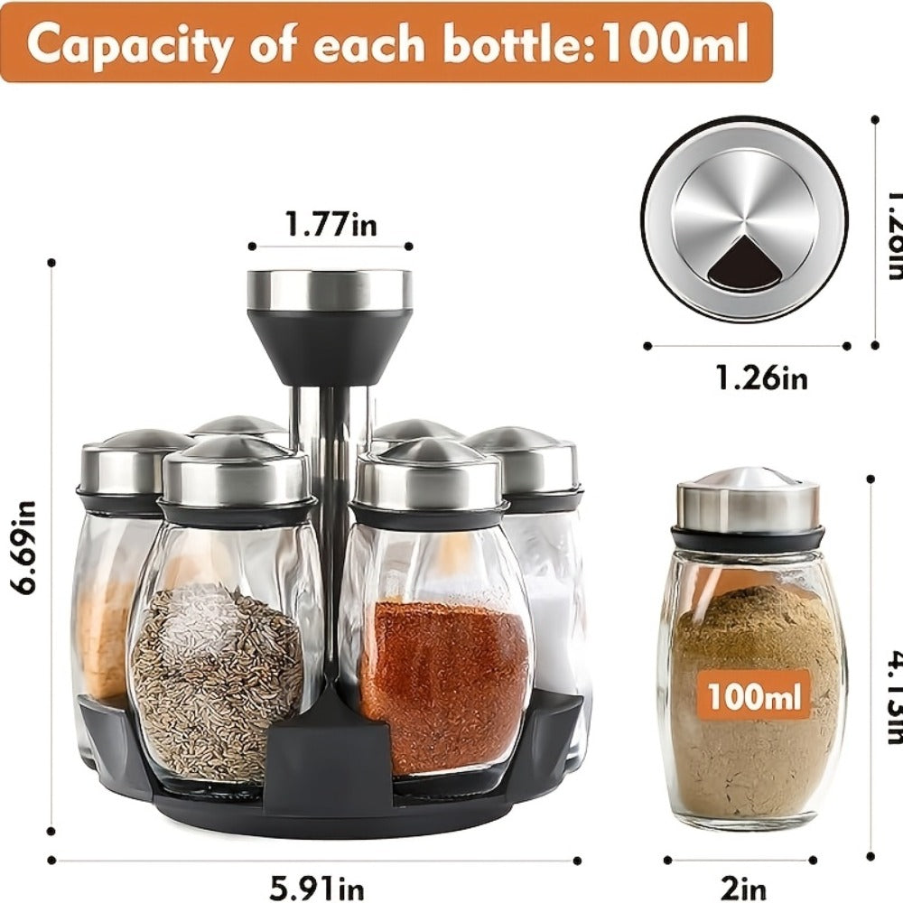 Glass Spice Jar Set with Rotating Rack, Airtight Kitchen Spice Organizer with 360° Stainless Steel Stand
