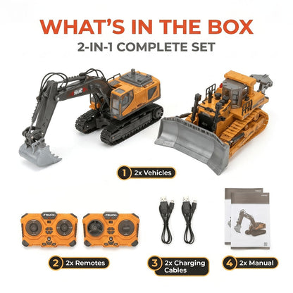 RC Engineering Vehicle Set 11-Channel 2.4GHz, 2-in-1 & 4-in-1 Remote Control Excavator Dump Truck Bulldozer