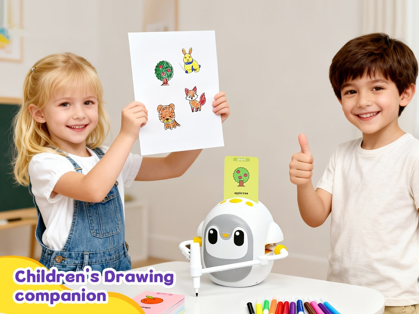Drawing Robot for Kids Penguin, 200 Learning Cards & 12 Color Pens, STEM Art Educational Toy, Screen-Free Interactive Drawing Game