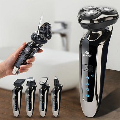 5-in-1 Rechargeable 3-Head Rotary Electric Razor with Detail Trimmer, Nose Trimmer and Cleaning Brush