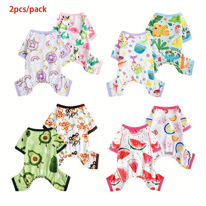 Two-Pack Dog Pajama Jumpsuits with Four Printed Pair Options and Complete XS–XXL Size Grid