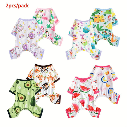 Two-Pack Dog Pajama Jumpsuits with Four Printed Pair Options and Complete XS–XXL Size Grid
