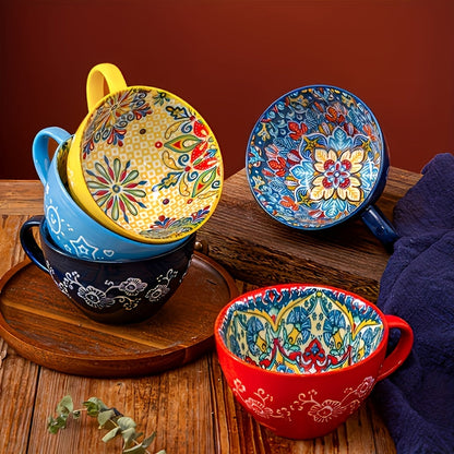 Six-Piece Colorful Patterned Coffee Mug Set with Wide Bowl Shape and 14-Ounce Image Marking