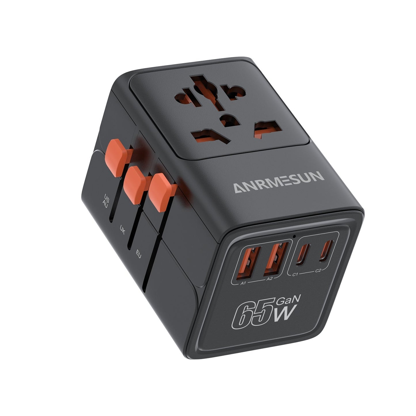 65W Universal Travel Adapter with 4 USB Ports - 2 USB-C & 2 USB-A Fast Charging, US EU UK AU Plugs