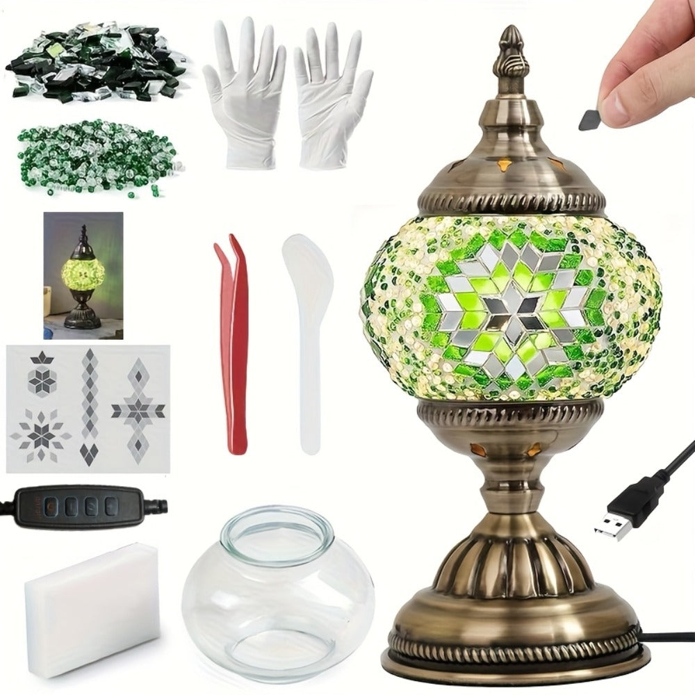 DIY Turkish Moroccan Mosaic Lamp Kit Handmade Glass Metal Brass Dimmable Bohemian Table Light for Entryways, Bedrooms and Living Spaces