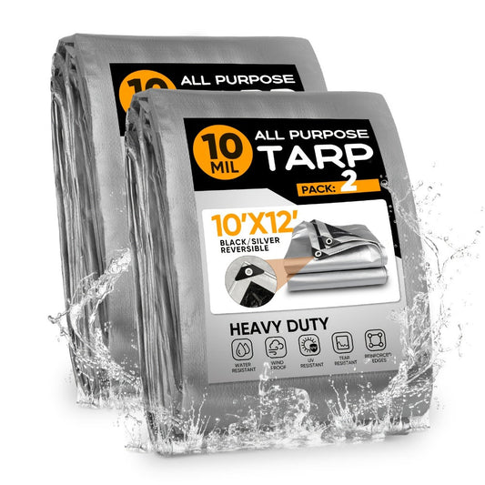 Tarp 2-Pack 10Mil 150GSM Black Silver, Tear-Proof Polyethylene Cover with Reinforced Grommets for Roof Pool Boat Car Camping & Outdoor