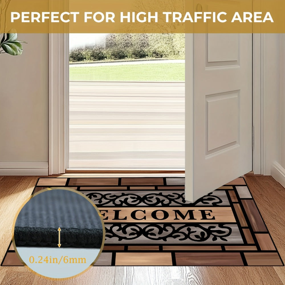 Welcome Doormat Wood Pattern – Entrance Mat with Polypropylene Backing, Indoor Outdoor Floor Mat for Front Door