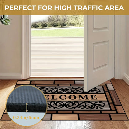 Welcome Doormat Wood Pattern – Entrance Mat with Polypropylene Backing, Indoor Outdoor Floor Mat for Front Door