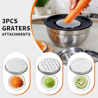 26-Piece Mixing Bowl Set with Six Nested Bowls, Black Lids, Grater Inserts and Kitchen Tools