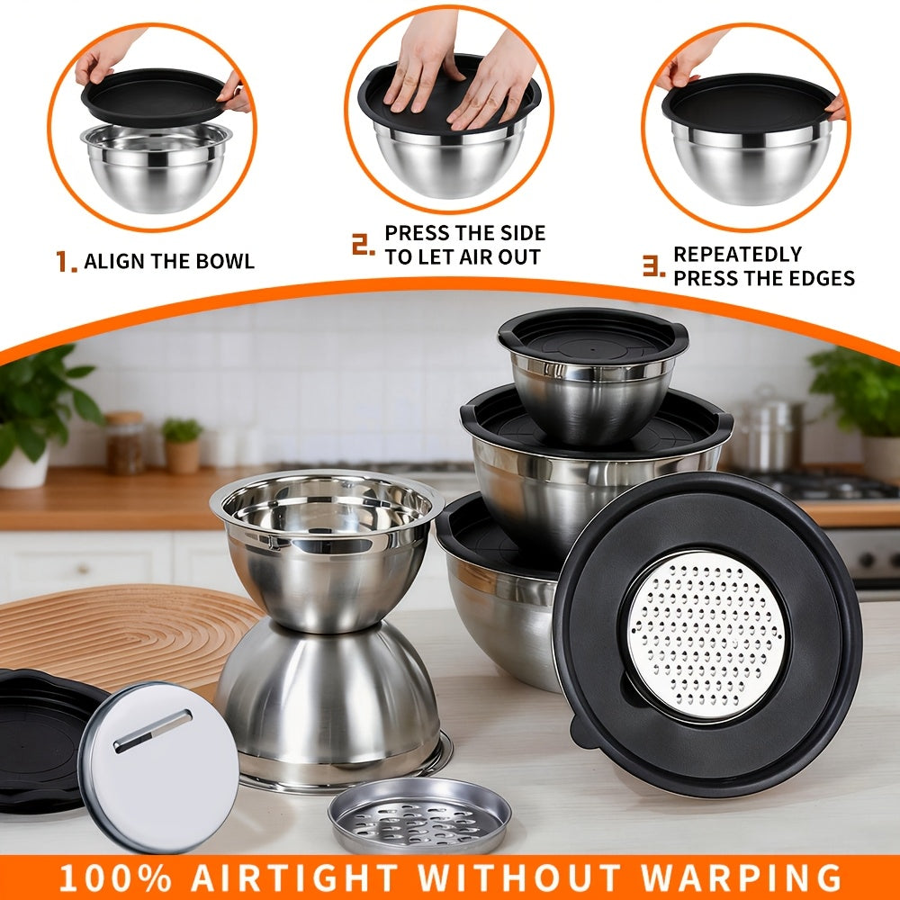 26-Piece Mixing Bowl Set with Six Nested Bowls, Black Lids, Grater Inserts and Kitchen Tools