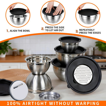 26-Piece Mixing Bowl Set with Six Nested Bowls, Black Lids, Grater Inserts and Kitchen Tools