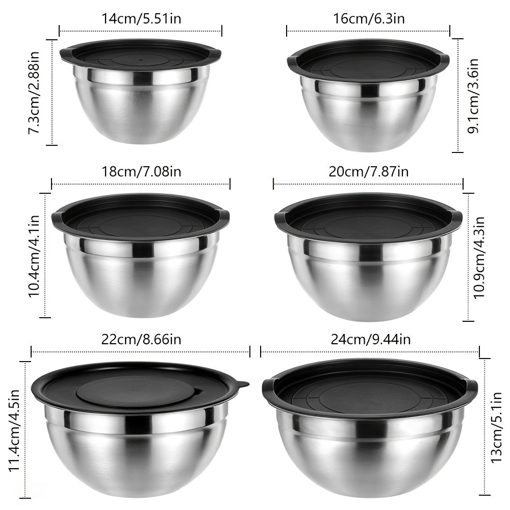 26-Piece Mixing Bowl Set with Six Nested Bowls, Black Lids, Grater Inserts and Kitchen Tools