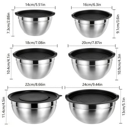 26-Piece Mixing Bowl Set with Six Nested Bowls, Black Lids, Grater Inserts and Kitchen Tools