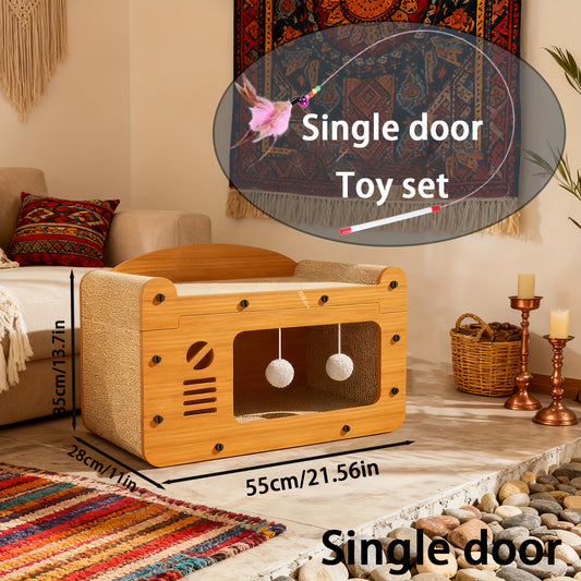 Cat Scratcher House Cardboard Cat Bed with Feather Wand Toy – Indoor Outdoor Cat Hideout for Scratching, Hiding & Resting