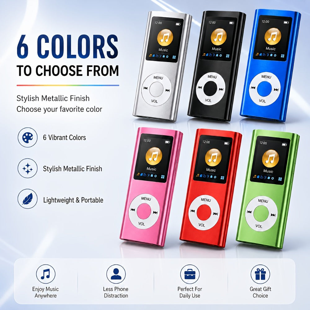 Aluminum-Alloy MP3 Player with 64GB Card Support, 1.8-Inch LCD, Earphones and Charging Cable in Red or Black
