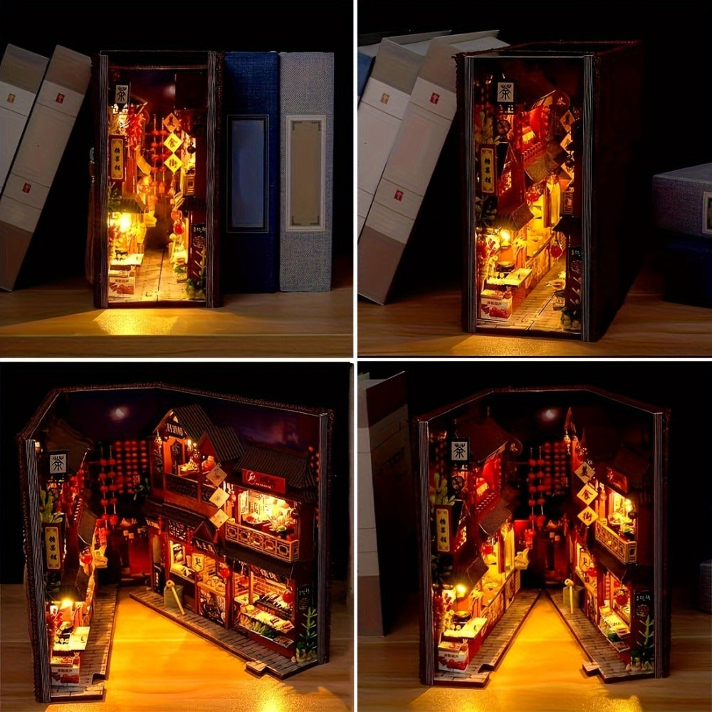 Book Nook Kit Chinese Food Street Miniature Dollhouse 3D Wooden Puzzle Bookshelf Insert DIY Model Building Set for Adults Teens