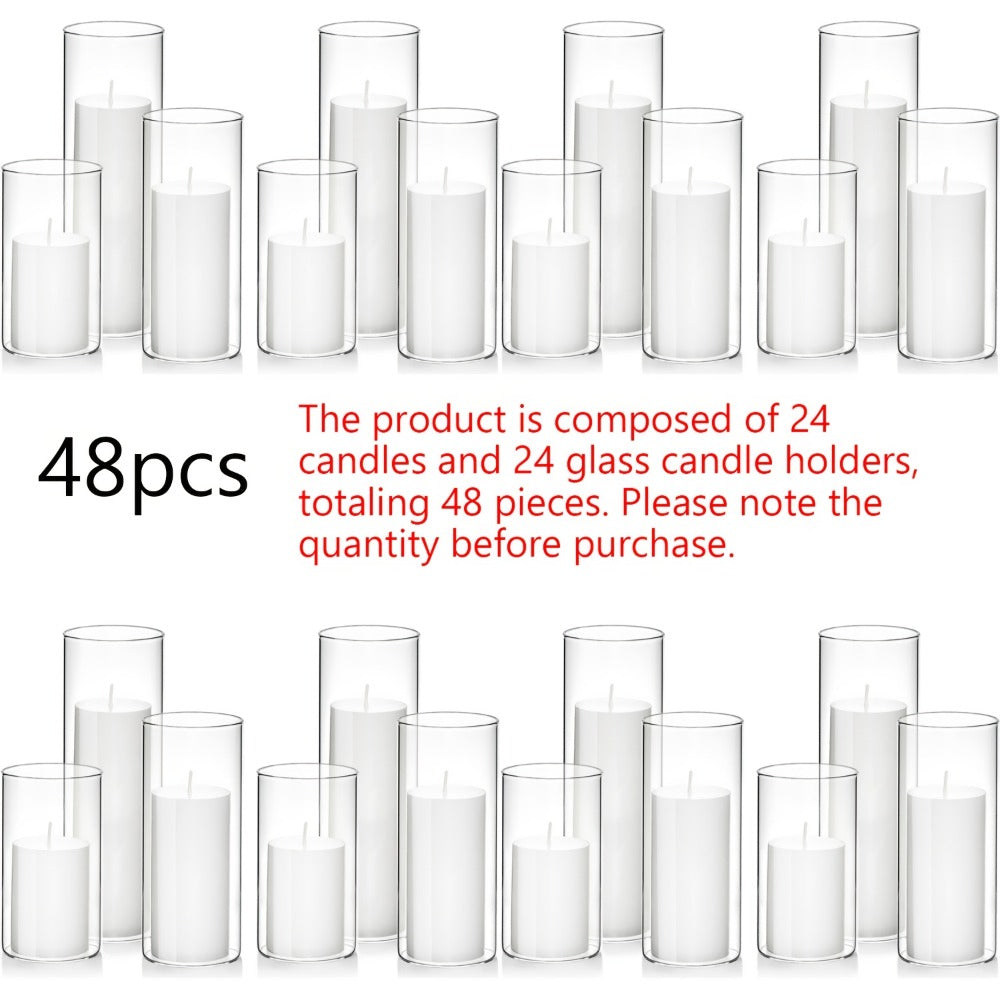 Pillar Candles with Clear Glass Hurricane Holders, Unscented White Cylinder Candles & Vases for Wedding Centerpieces