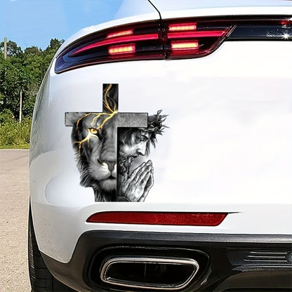 Two-Piece Lion-and-Cross Decal Set with Black-and-Gold Portrait Artwork for Vehicle or Flat Surfaces