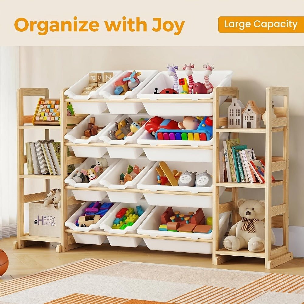Kids Storage Organizer with 12 Bins and Bookshelf - Wooden Toy Chest Cubby Unit for Playroom Bedroom