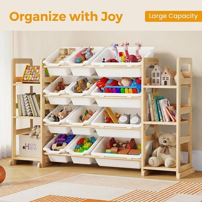 Kids Storage Organizer with 12 Bins and Bookshelf - Wooden Toy Chest Cubby Unit for Playroom Bedroom