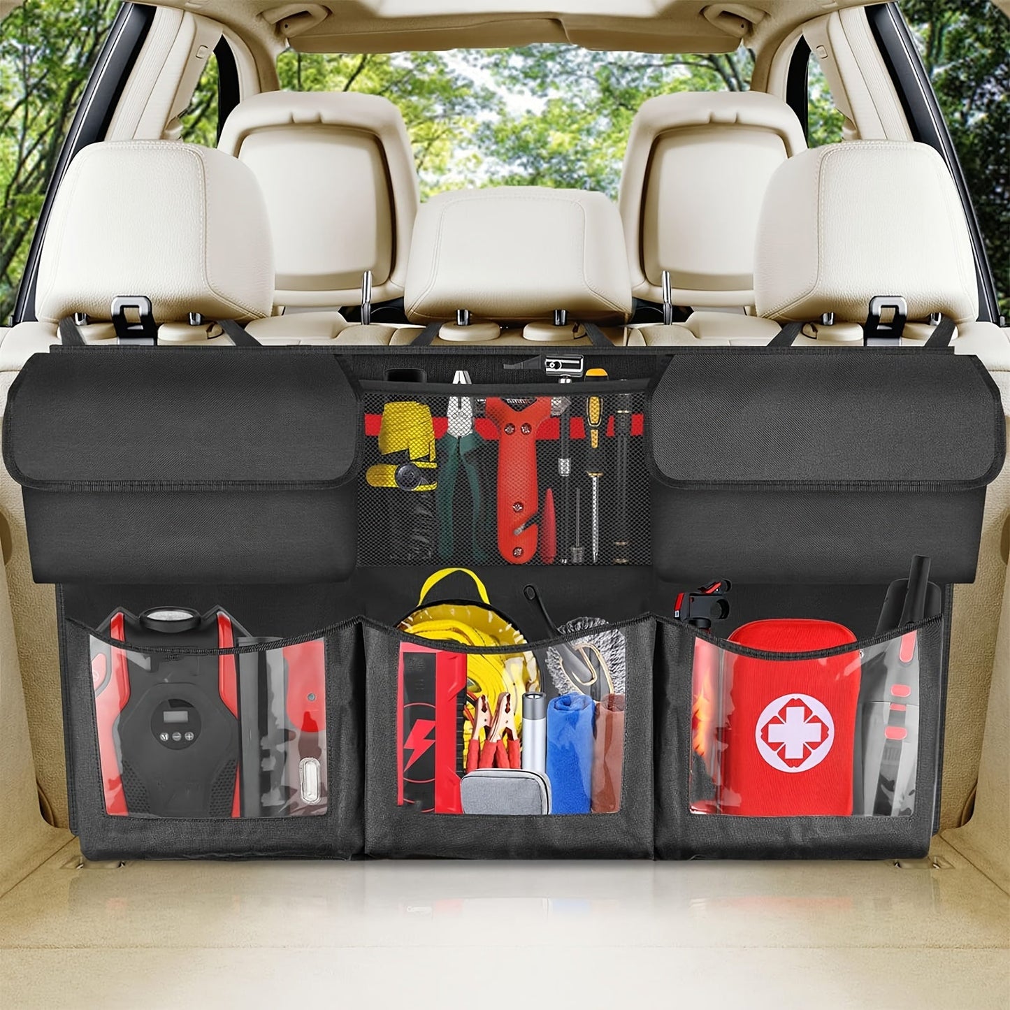 Car Trunk Organizer, 40 x 19 Inch Hanging Rear-Seat Bag with 6 Pockets and Three Adjustable Straps